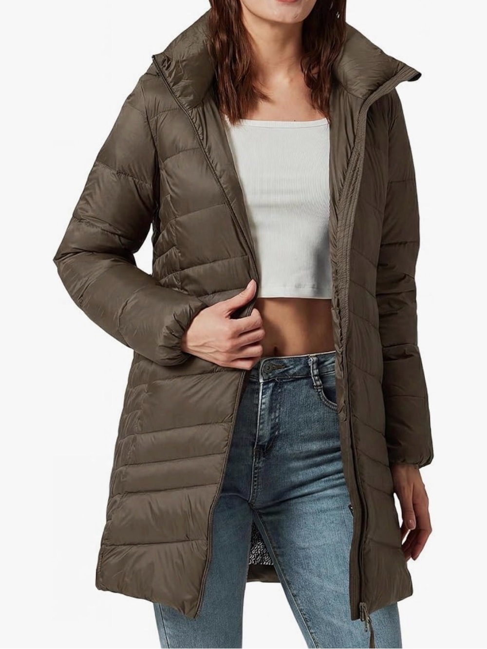 Olive Quilted Long Puffer Jacket 019